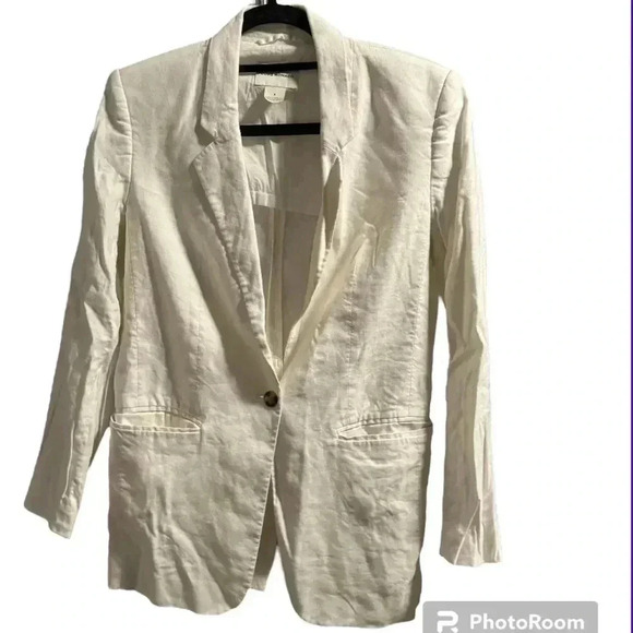 Club Monaco Linen Blazer Long Sleeves Front Button Collared Neck ivory Size 4 - Picture 1 of 8